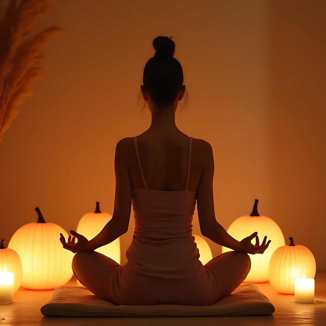 Woman meditating with skincare products nearby, emphasizing holistic self-care
