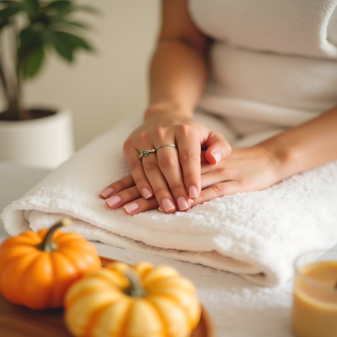 woman hands showing how nice her skin looks with pumpkins and fall background