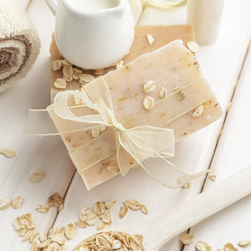 Stock photo of natural Honey Oatmeal Soap with gentle exfoliation