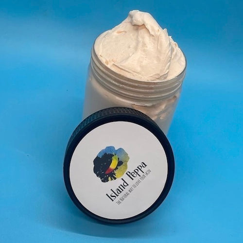 jar of island peppa skin's peach cobbler body butter
 