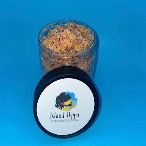 Jar of Peach Body Scrub for luxurious peach-scented skin care