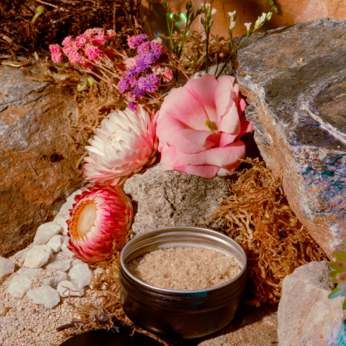 Staged photo of peach body scrub